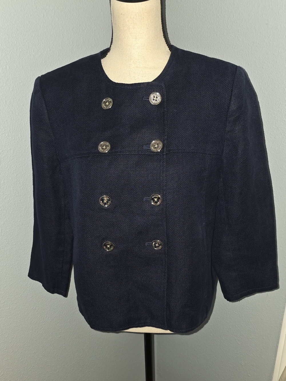 Lauren Ralph Lauren Navy Linen Double-Breasted Cropped Jacket Sz 12